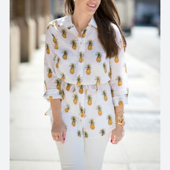 Tory Burch Mira Cotton Beach Shirt in Pineapple Print - Size XS - Picture 2 of 11